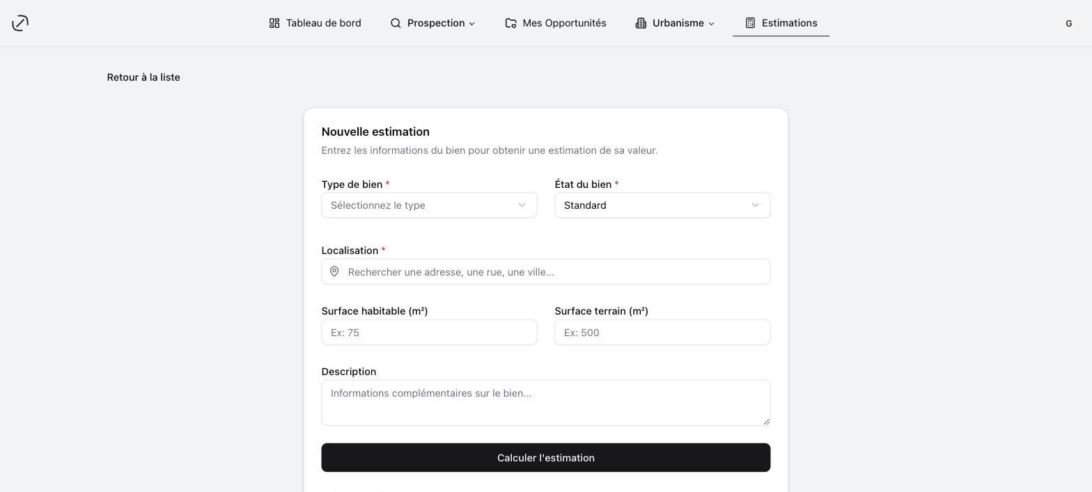 Le formulaire d'avis de valeur : l'adresse doit être choisie dans la liste proposée par le champ « Localisation »