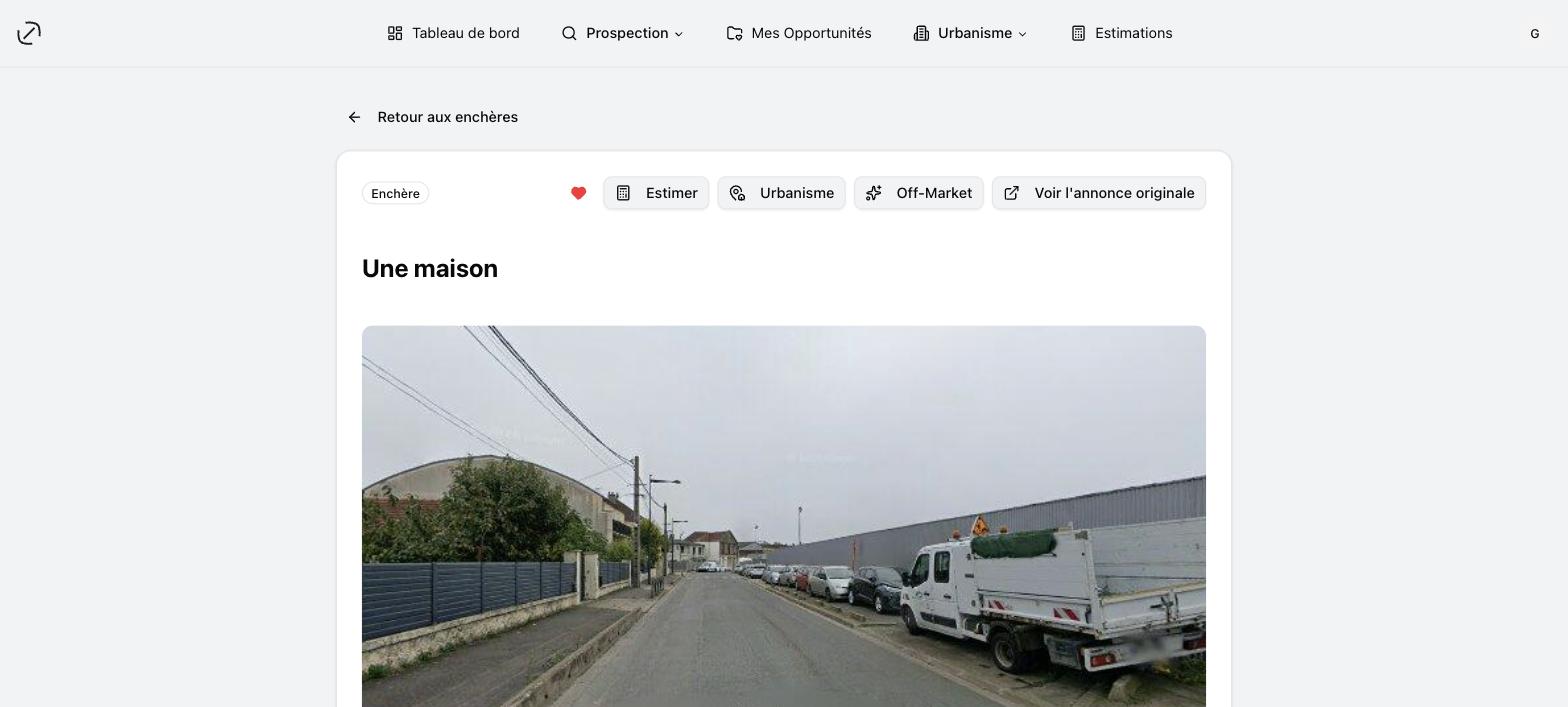 Une fiche de vente aux enchères et ses actions : Avis de valeur, Urbanisme, Off-Market et le lien vers l'annonce originale